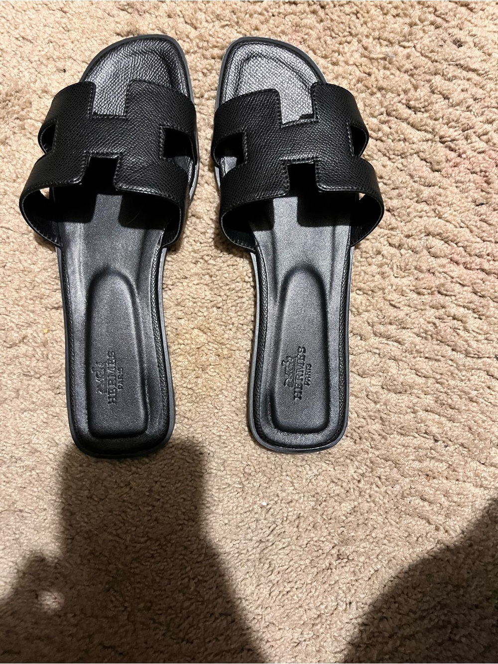 Hermes Black Leather Oran Slide Sandals
